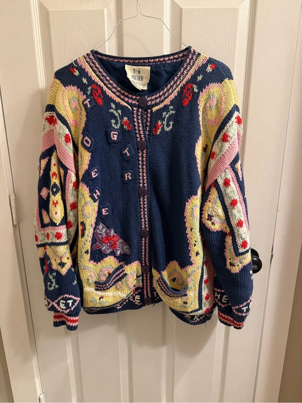 Together Navy button Knit Cardigan with Pink and Yellow Accents